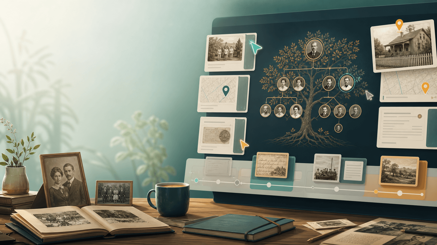 Illustrated family history research workspace